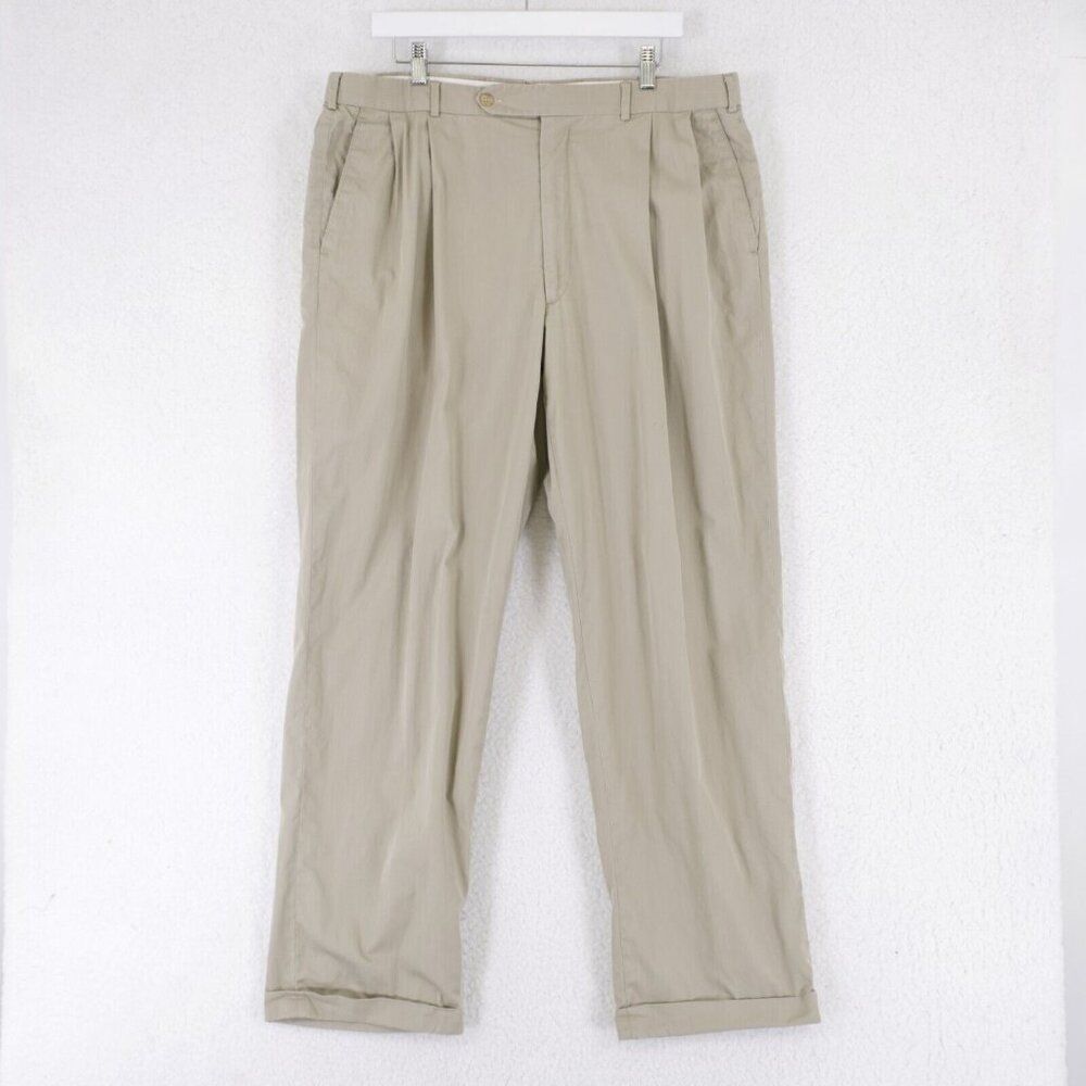 DAMAGED Brooks Brothers Cotton Beige Trousers Dress Pants 37/32 Pleated Cuffed M